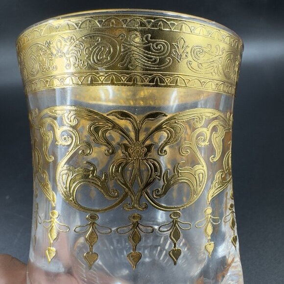Bohemian Czech Clear Glass Goblet Cups Set2 Glasses Heavy Gold Butterfly Pattern - Picture 8 of 16